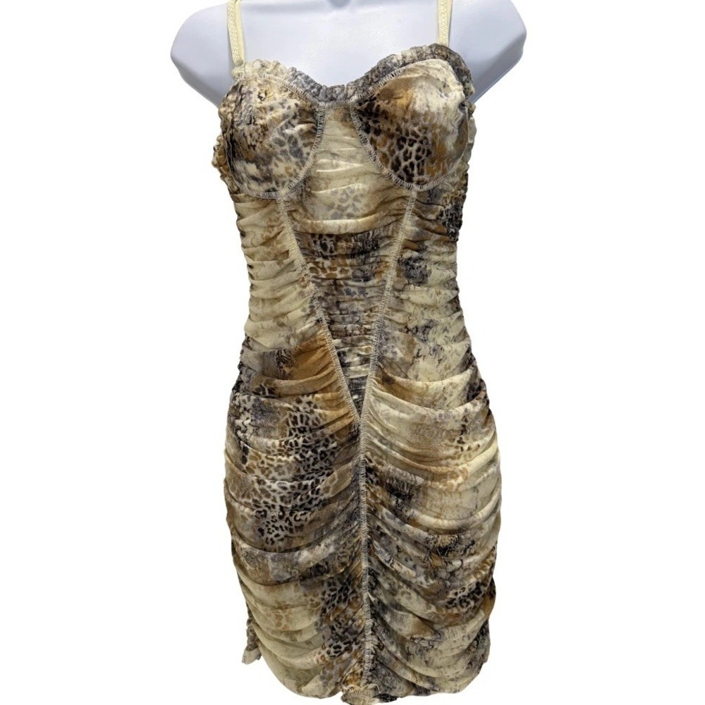 Vintage Y2K Leopard Mesh Ruched Bodycon Mini Dress Spaghetti Strap Prom Party S - Picture 2 of 14